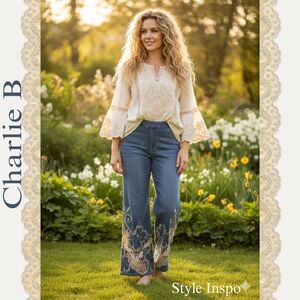 Charlie B Women's Cropped Jeans with Intricate Lace Detail